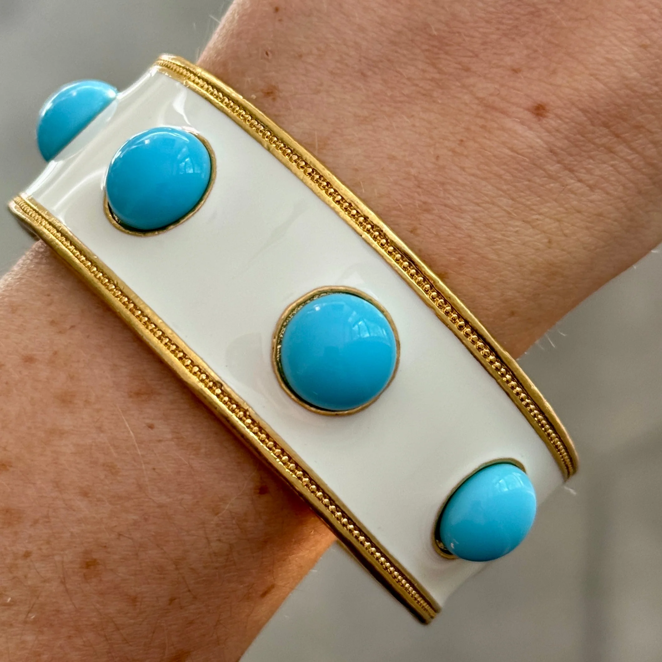 Ella White Enamel Turquoise Glass Wide Bangle - Image 2