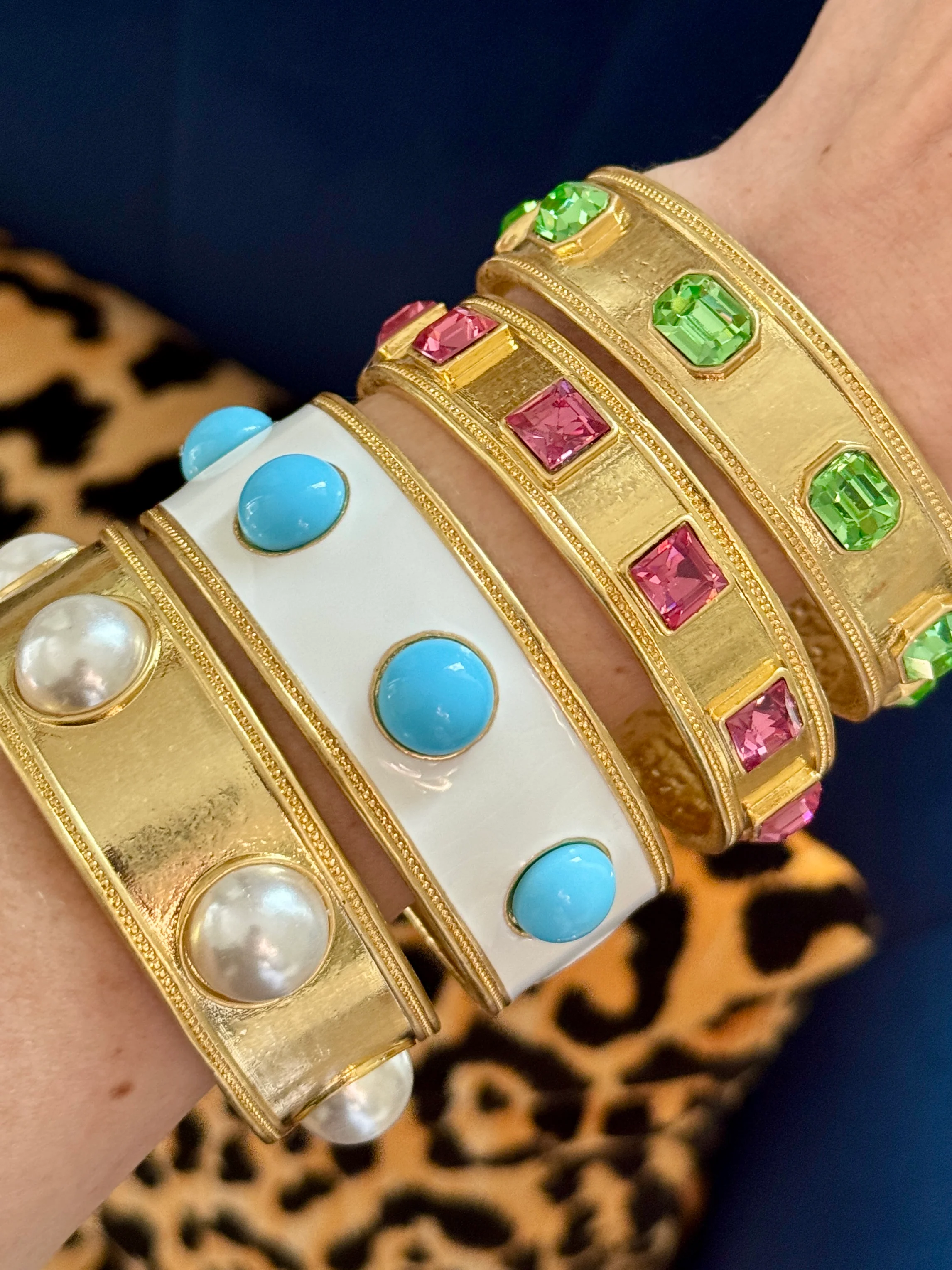 Ella White Enamel Turquoise Glass Wide Bangle - Image 3